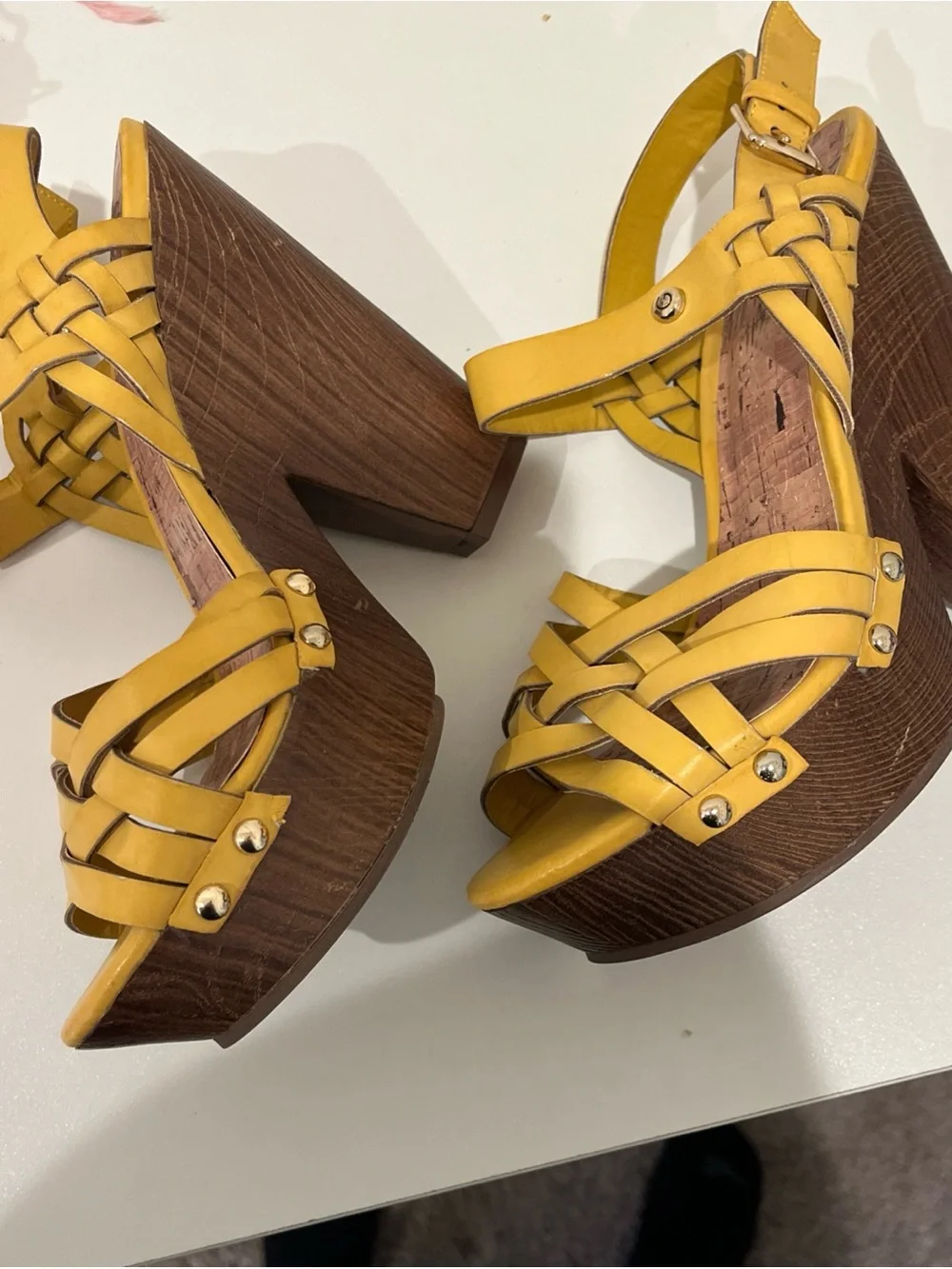 Guess Yellow Braided Platform Wedge Sandals